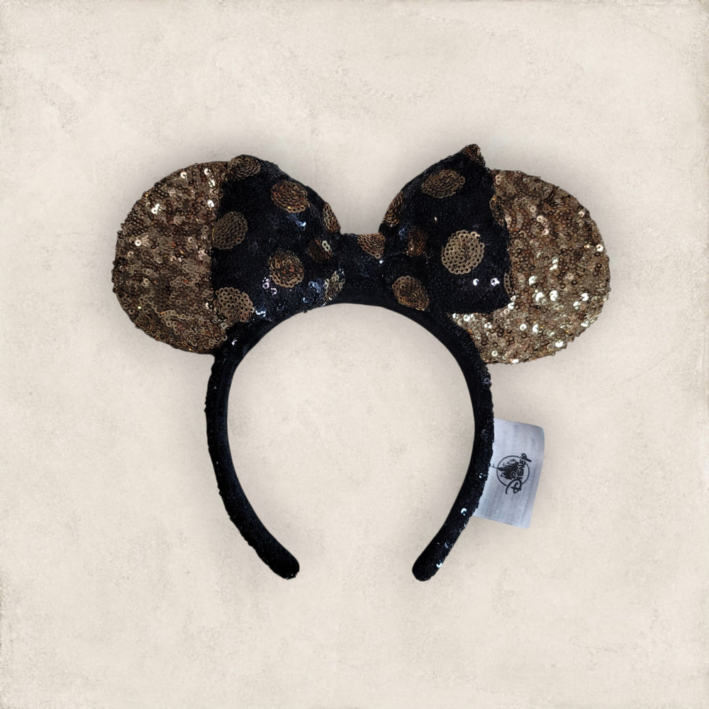Disney Black and Gold Sequin Minnie Mouse Ears Headband with Polka Dot Bow